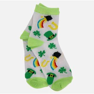 St. Patricks Day Themed Socks With Shamrock Leprechaun Hat & Rainbow Design